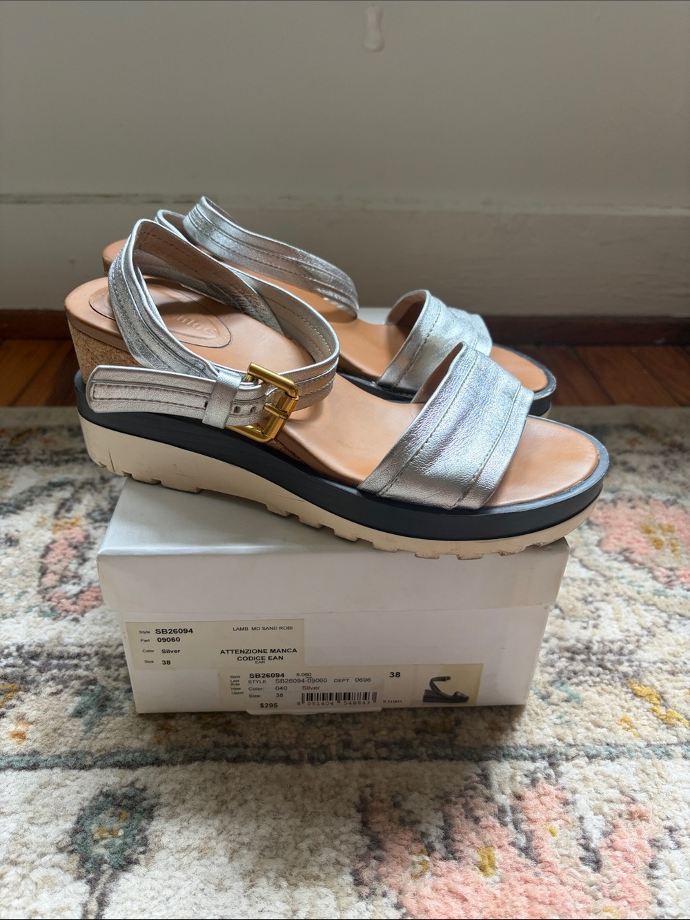 See By Chloé Silver Leather Platform Sandals with Gold Buckle
